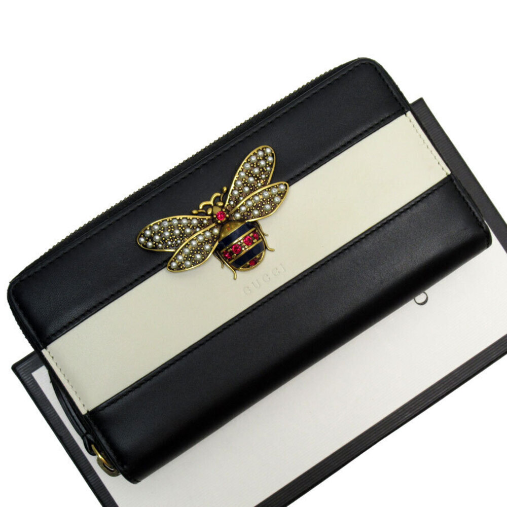 Gucci Queen Margaret Round Zip Long Wallet Leather Ivory White Black
